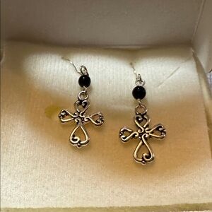 Silver Cross Drop Earrings with Black Bead Accent
